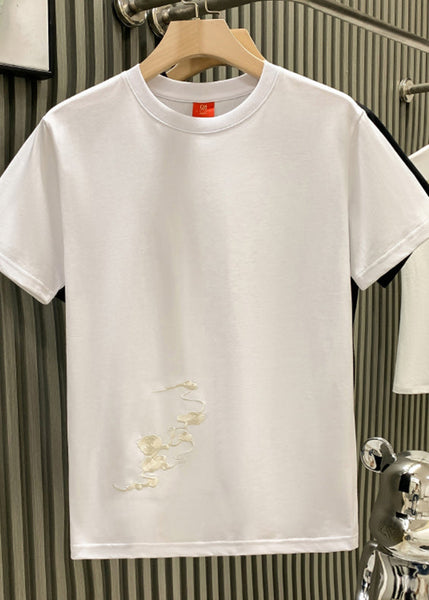 Mens Shirts Neck Oriental T O Summer Cotton Embroideried White FashionChic
