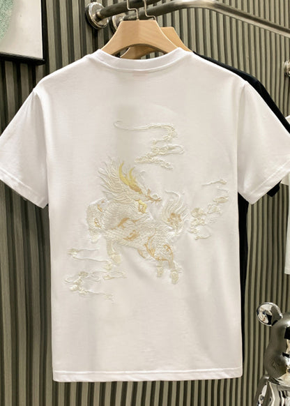 Mens Shirts Neck Oriental T O Summer Cotton Embroideried White FashionChic