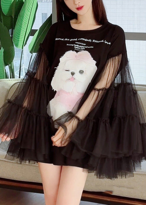 Original Black Print Tulle Patchwork T Shirt Dress Long Sleeve UU1021 SH-LF-FDM240526