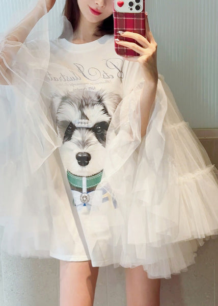 Original Black Print Tulle Patchwork T Shirt Dress Long Sleeve UU1021 SH-LF-FDM240526