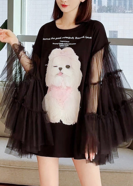 Original Black Print Tulle Patchwork T Shirt Dress Long Sleeve UU1021 SH-LF-FDM240526