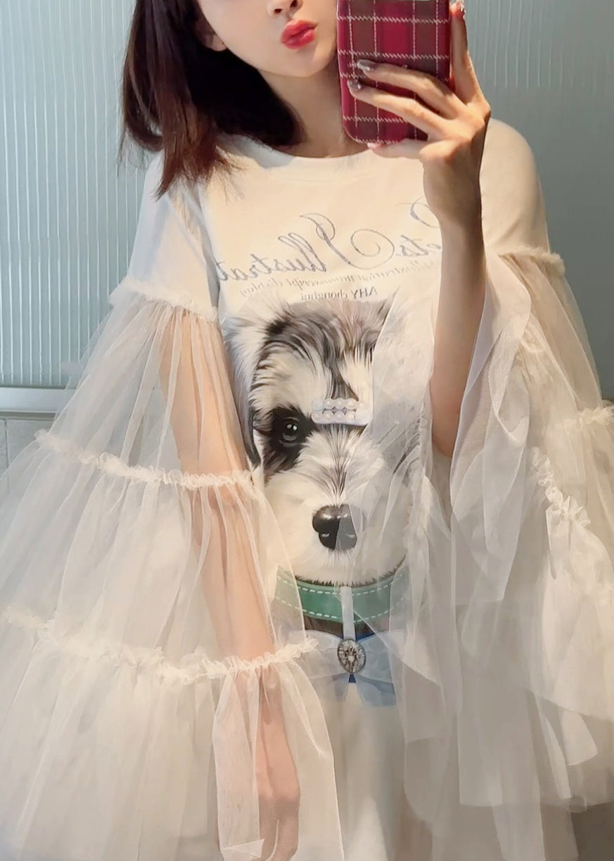 Original Black Print Tulle Patchwork T Shirt Dress Long Sleeve UU1021 SH-LF-FDM240526