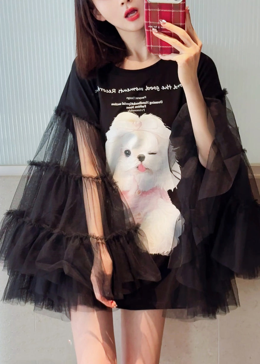 Original Black Print Tulle Patchwork T Shirt Dress Long Sleeve UU1021 SH-LF-FDM240526