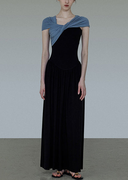 Cotton Wrinkled Neck Dress Long Patchwork Slash Original Black FashionChic