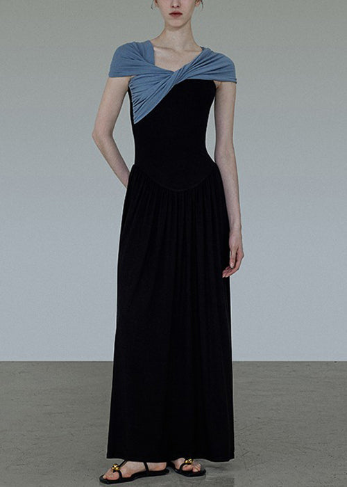 Cotton Wrinkled Neck Dress Long Patchwork Slash Original Black FashionChic