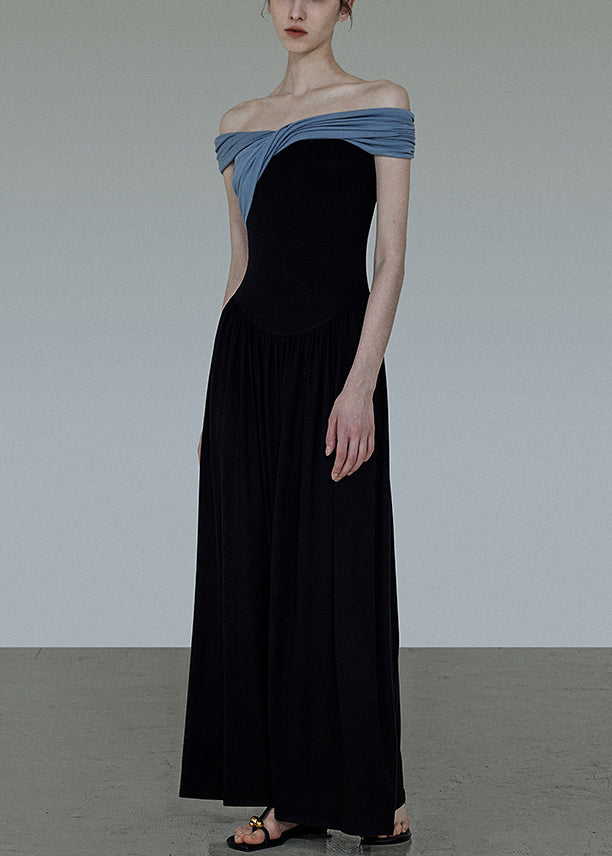 Cotton Wrinkled Neck Dress Long Patchwork Slash Original Black FashionChic