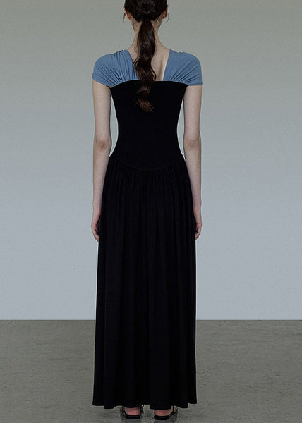 Cotton Wrinkled Neck Dress Long Patchwork Slash Original Black FashionChic