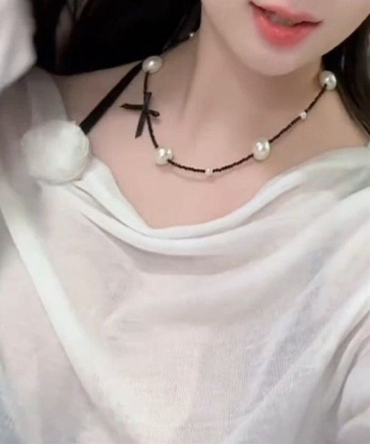 Original Black Stainless Steel Pearl Beading Bow Necklace YD021 ABC