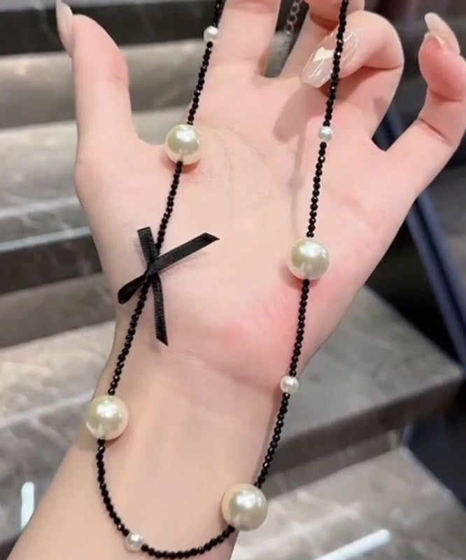 Original Black Stainless Steel Pearl Beading Bow Necklace YD021 ABC