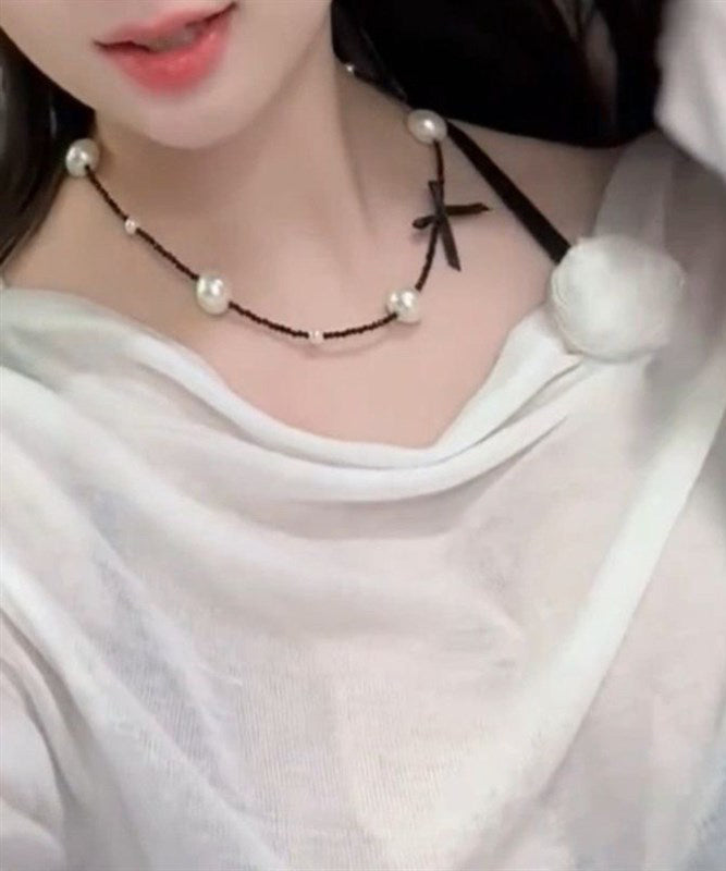 Original Black Stainless Steel Pearl Beading Bow Necklace YD021 ABC