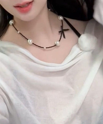 Original Black Stainless Steel Pearl Beading Bow Necklace YD021 ABC