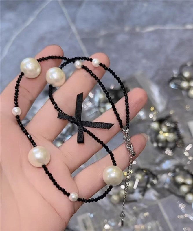 Original Black Stainless Steel Pearl Beading Bow Necklace YD021 ABC