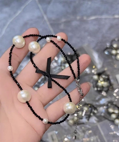 Original Black Stainless Steel Pearl Beading Bow Necklace YD021 ABC