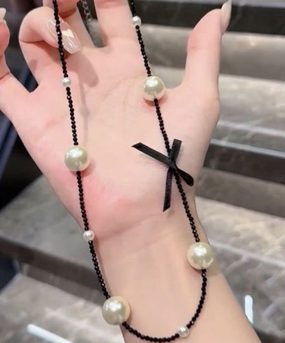 Original Black Stainless Steel Pearl Beading Bow Necklace YD021 ABC