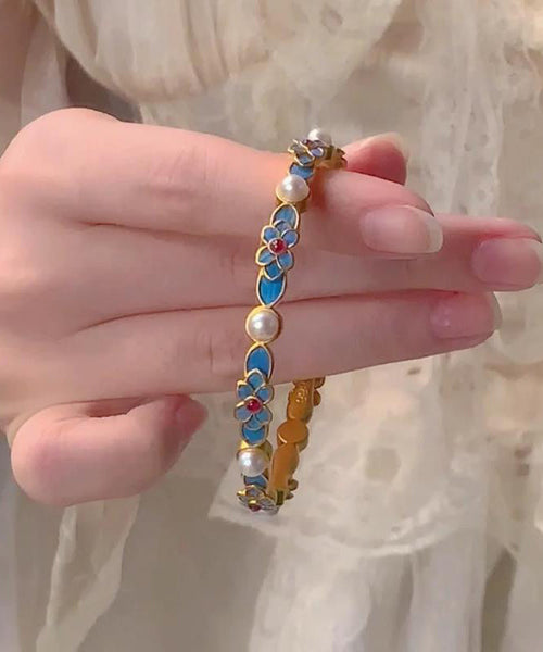 Gold Bangle Ancient Blue Floral Original Pearl FashionChic