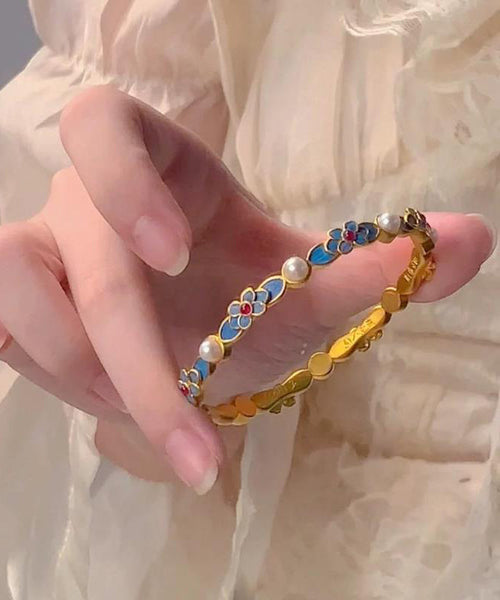 Gold Bangle Ancient Blue Floral Original Pearl FashionChic