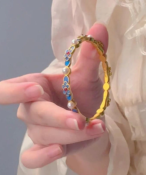 Gold Bangle Ancient Blue Floral Original Pearl FashionChic