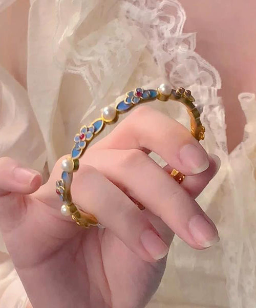 Gold Bangle Ancient Blue Floral Original Pearl FashionChic