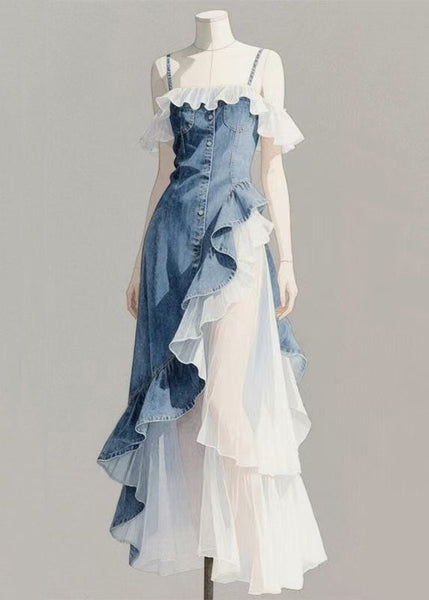 Blue Original Patchwork Denim Asymmetrical Ruffled Spaghetti FashionChic