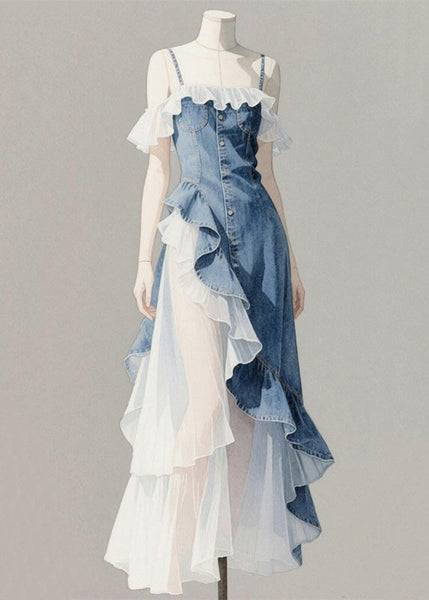 Blue Original Patchwork Denim Asymmetrical Ruffled Spaghetti FashionChic