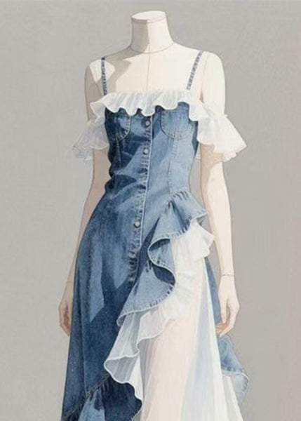 Blue Original Patchwork Denim Asymmetrical Ruffled Spaghetti FashionChic