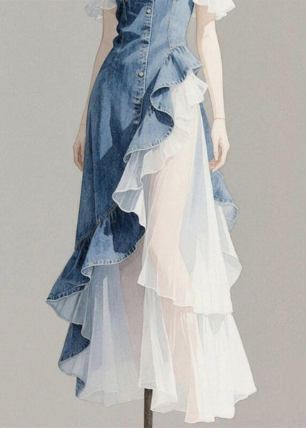 Blue Original Patchwork Denim Asymmetrical Ruffled Spaghetti FashionChic
