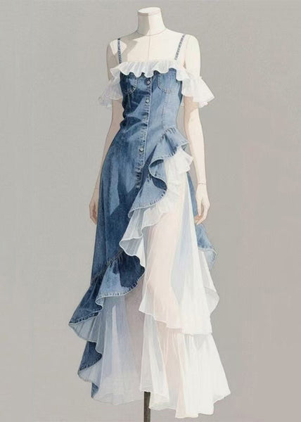 Blue Original Patchwork Denim Asymmetrical Ruffled Spaghetti FashionChic