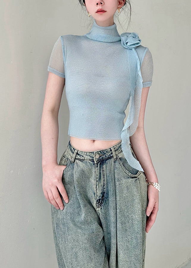 Original Blue Decorated Rose High Neck Slim Fit T Shirt Summer AL1064 Genistyle Shop