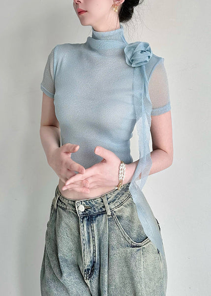 Original Blue Decorated Rose High Neck Slim Fit T Shirt Summer AL1064 Genistyle Shop