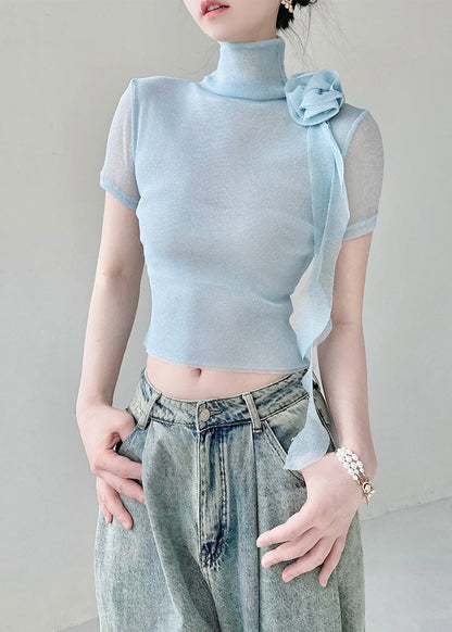 Original Blue Decorated Rose High Neck Slim Fit T Shirt Summer AL1064 Genistyle Shop