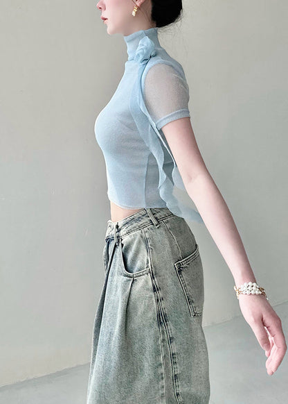 Original Blue Decorated Rose High Neck Slim Fit T Shirt Summer AL1064 Genistyle Shop