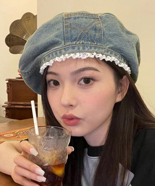Blue Denim Original Beret Trimmed Hat Lace FashionChic
