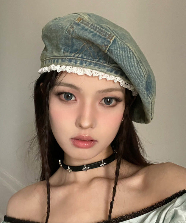 Blue Denim Original Beret Trimmed Hat Lace FashionChic