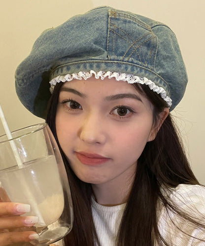 Blue Denim Original Beret Trimmed Hat Lace FashionChic