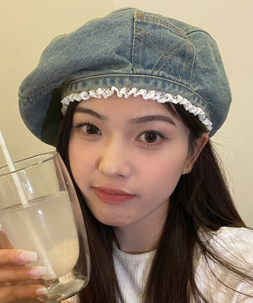 Original Denim Blue Hat Trimmed Beret Lace FashionChic