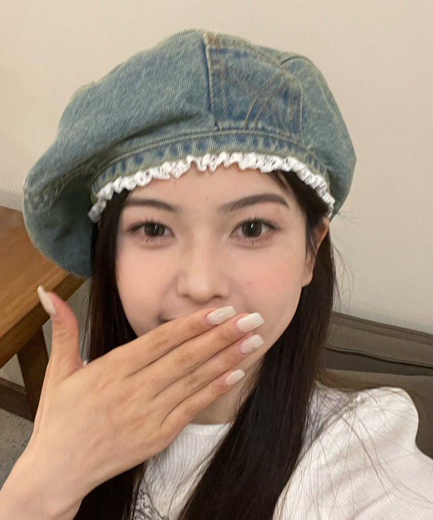 Blue Denim Original Beret Trimmed Hat Lace FashionChic