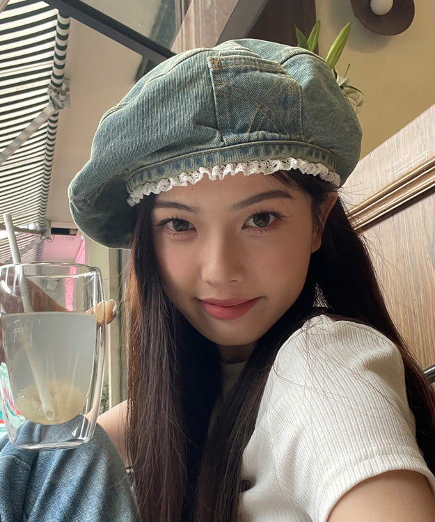 Blue Denim Original Beret Trimmed Hat Lace FashionChic
