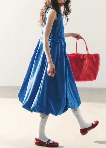 O-Neck Blue Long Waist Dress Cotton Sleeveless Original Tie FashionChic