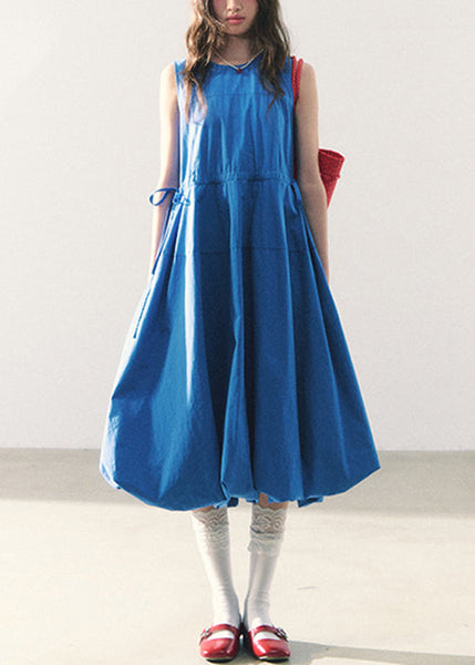 O-Neck Blue Long Waist Dress Cotton Sleeveless Original Tie FashionChic