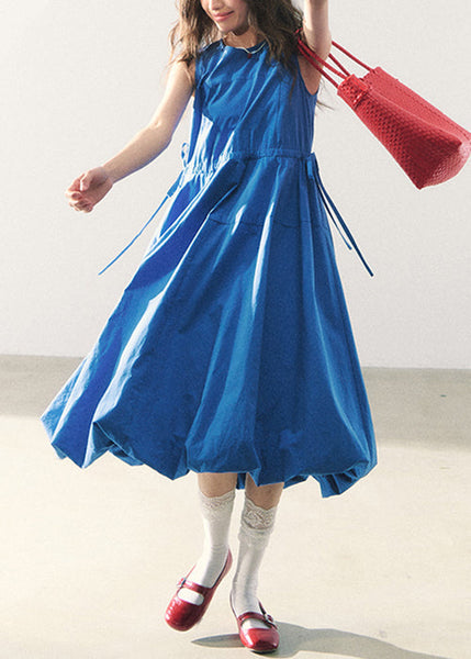 O-Neck Blue Long Waist Dress Cotton Sleeveless Original Tie FashionChic