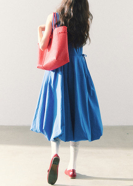 O-Neck Blue Long Waist Dress Cotton Sleeveless Original Tie FashionChic