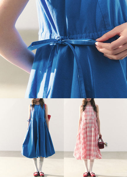 O-Neck Blue Long Waist Dress Cotton Sleeveless Original Tie FashionChic
