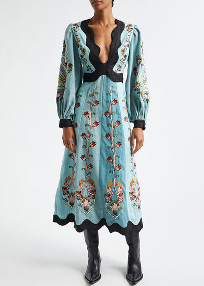 Cotton V Long Original Dress Print Neck Spring Blue Backless FashionChic