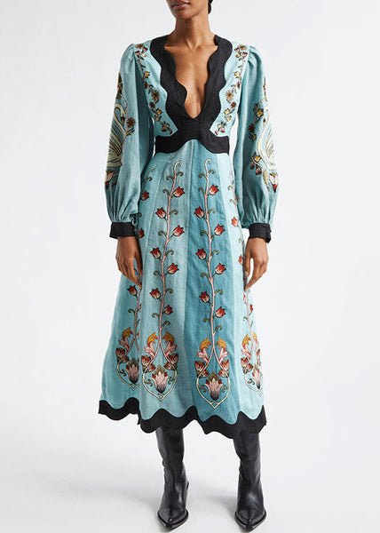 Cotton V Long Original Dress Print Neck Spring Blue Backless FashionChic