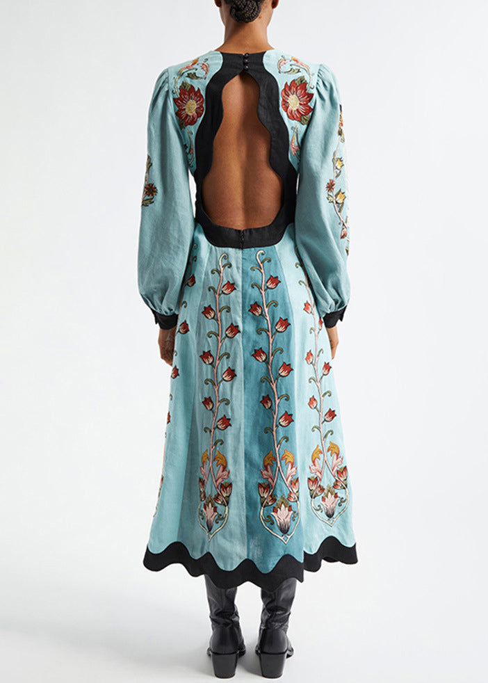 Cotton V Long Original Dress Print Neck Spring Blue Backless FashionChic