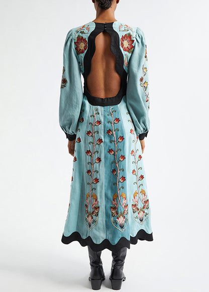 Cotton V Long Original Dress Print Neck Spring Blue Backless FashionChic