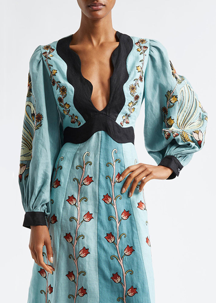 Cotton V Long Original Dress Print Neck Spring Blue Backless FashionChic