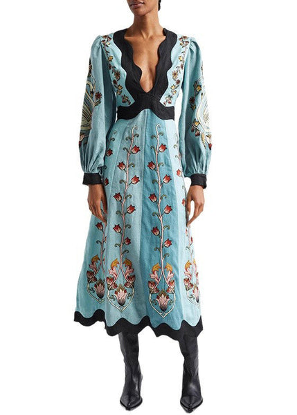 Cotton V Long Original Dress Print Neck Spring Blue Backless FashionChic