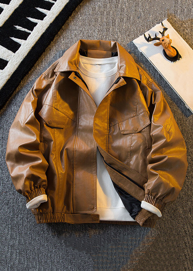 Original Brown Peter Pan Collar Solid Faux Leather Mens Coats Spring RN017 ABC