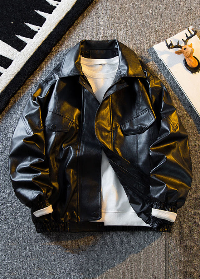 Original Brown Peter Pan Collar Solid Faux Leather Mens Coats Spring RN017 ABC